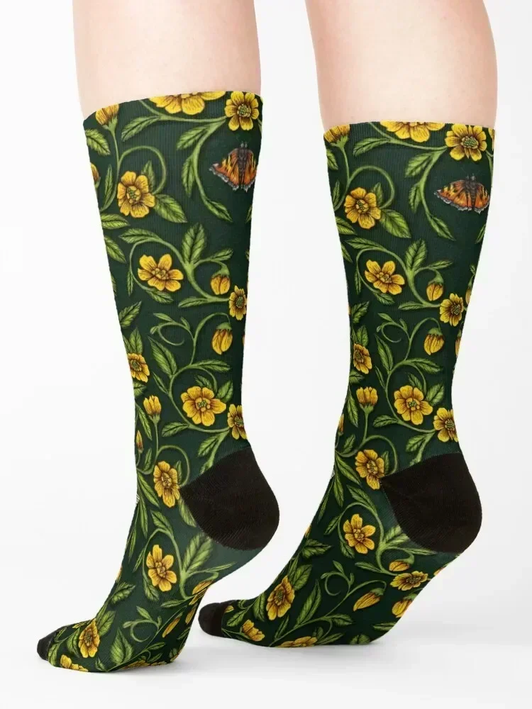 Humminbirds, Schmetterlinge und gelbe Blumen auf dunkelgrünen Socken, luxuriöse Wandersocken für Herren und Damen