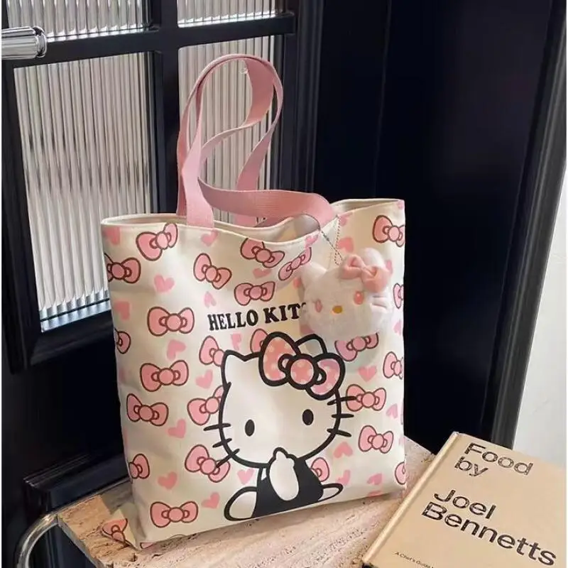 Sanrios Hello Kittys New Cartoon Tote Bag Cute Versatile Large Capacity Book Loading Student Book Loading Commuting Canvas Bag