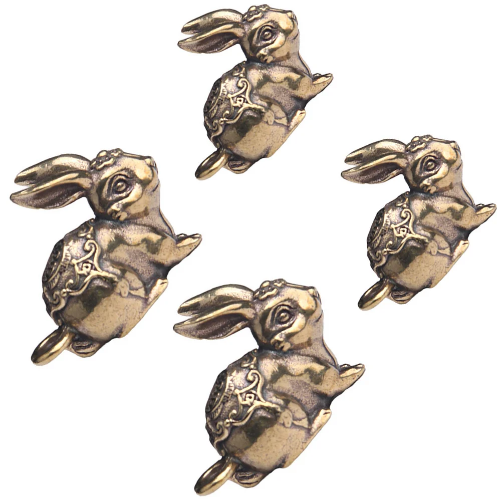 

4pcs Zodiac Rabbit Keychain Pendant Brass Hanging Charm Vintage Diy Craft Decor For Bag Key Ring Animal Ornament