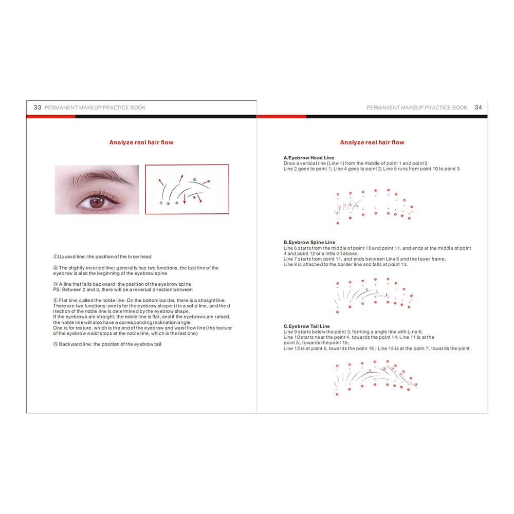 Cahier d'exercices de tatouage de sourcils, album de maquillage en continu, livre de formation en anglais, microblading professionnel, coup de poils, pratique, 1 pièce