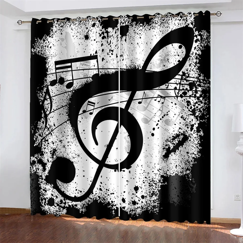 Black White Classic Art Design Window Curtain Note Instrument Piano 80% Blackout Window Drapes for Living Room Bedroom