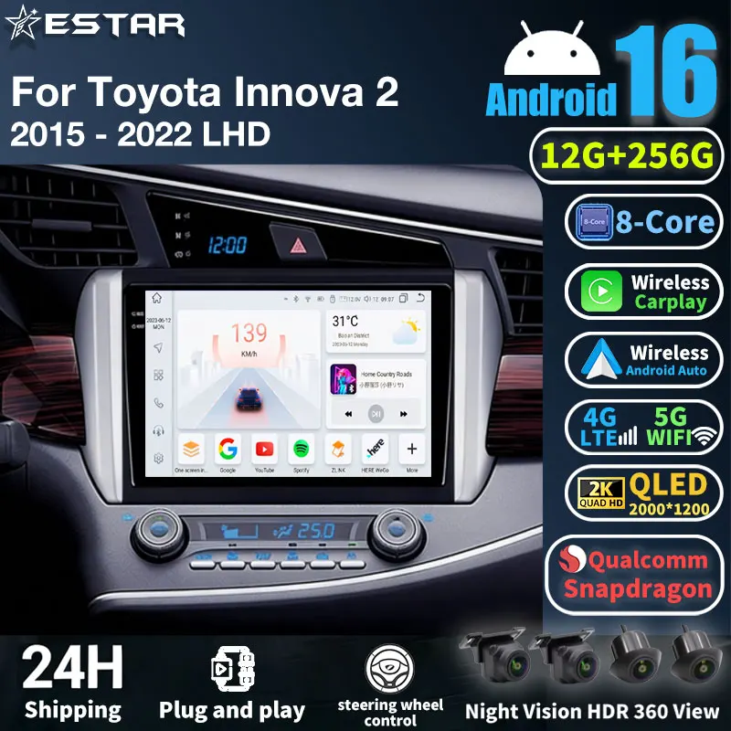 Android 16 Car Radio For Toyota Innova 2 2015 - 2022 LHD Video GPS Multimedia Player Navi Head Unit Stereo Wireless Carplay Auto