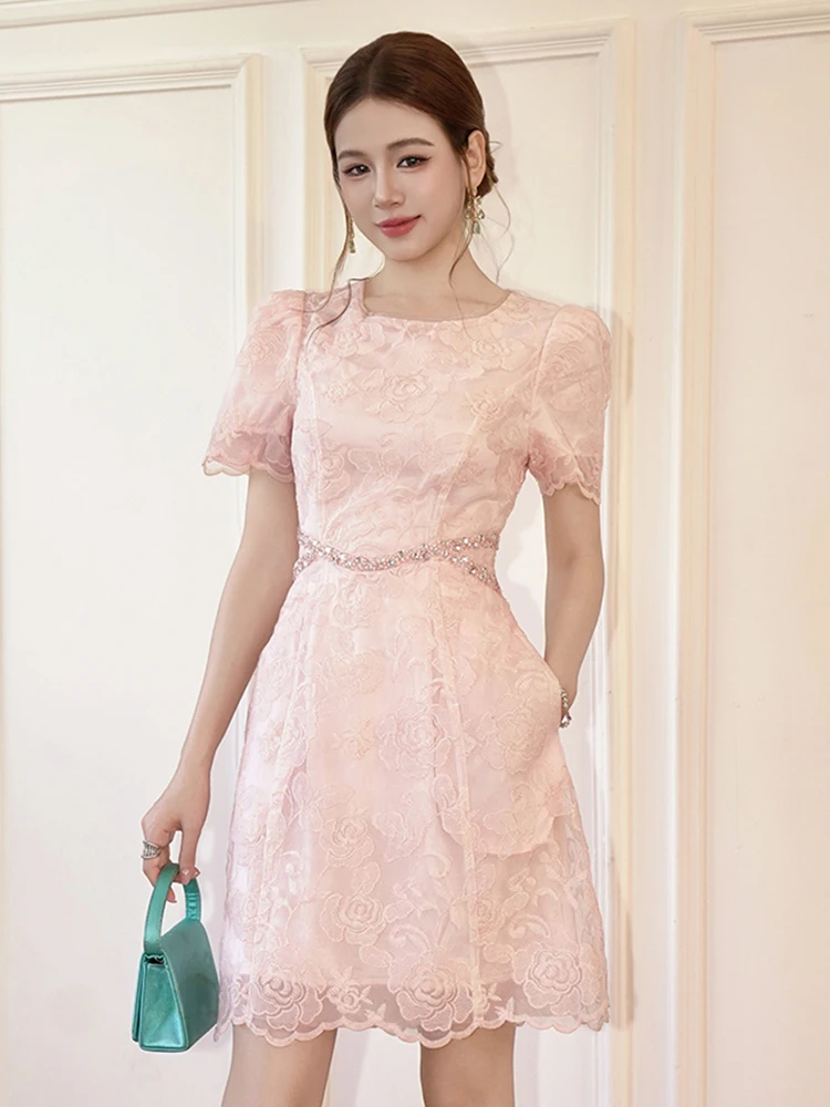 Frauen Straße Kleidung Rosa Blumen Stickerei Oansatz Schlank A-Line Kurzes Kleid Elegante Dame Party Prom Vestidos Formelle Anlässe Neue