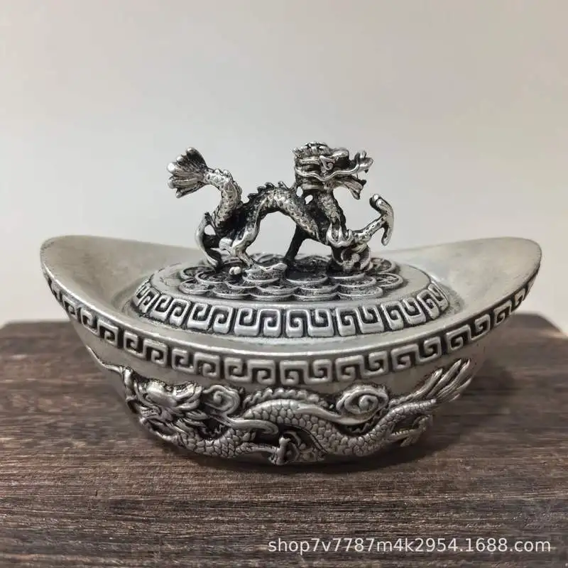 Brass craft piece silver plating, featuring a dragon, phoenix, qilin with a lid, and a gold ingot, for home decoration