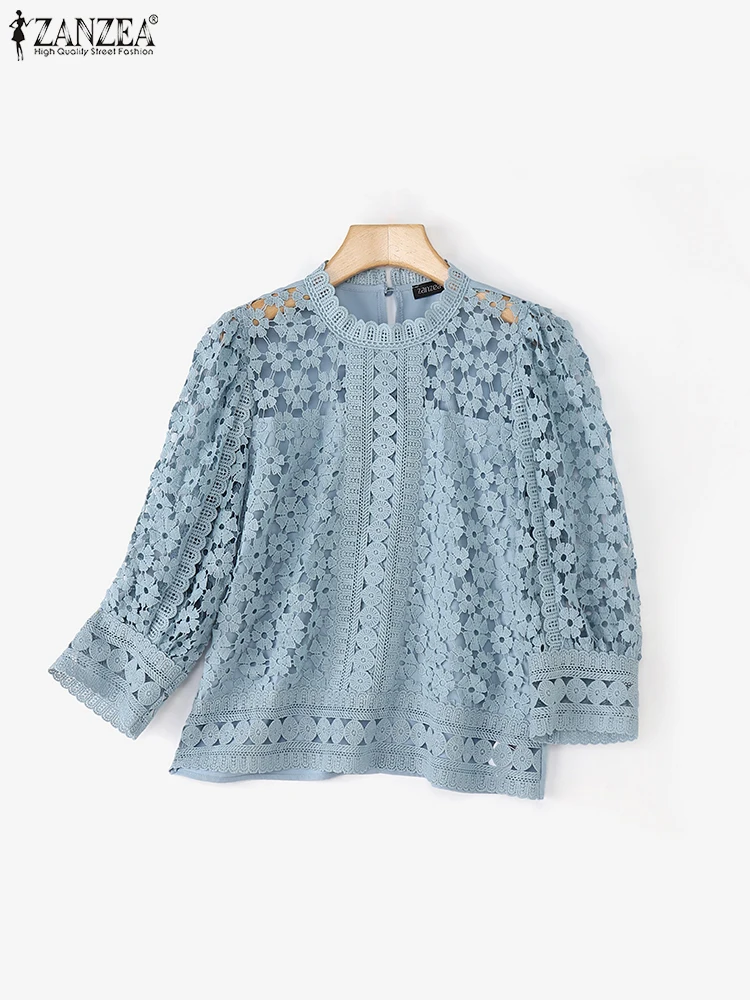 ZANZEA Elegant Lace Blouse Women 3/4 Puff Sleeve Solid Color Tunic Tops 2025 Autumn O-Neck See-through Casual Office Lady Shirts