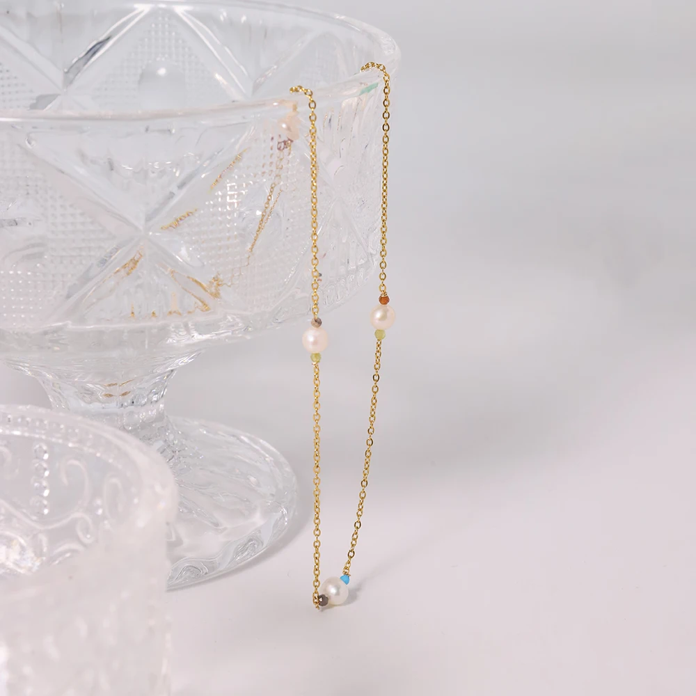 สร้อยคอไข่มุกธรรมชาติสแตนเลสชุบทอง18K สำหรับผู้หญิงสไตล์วินเทจเครื่องประดับสแตนเลส TN0013ของขวัญมาดาม