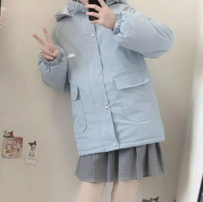 Jaket empuk katun Cinnamoroll lucu pakaian katun tebal musim dingin wanita jaket bantalan roti siswa perempuan gaya Korea hangat