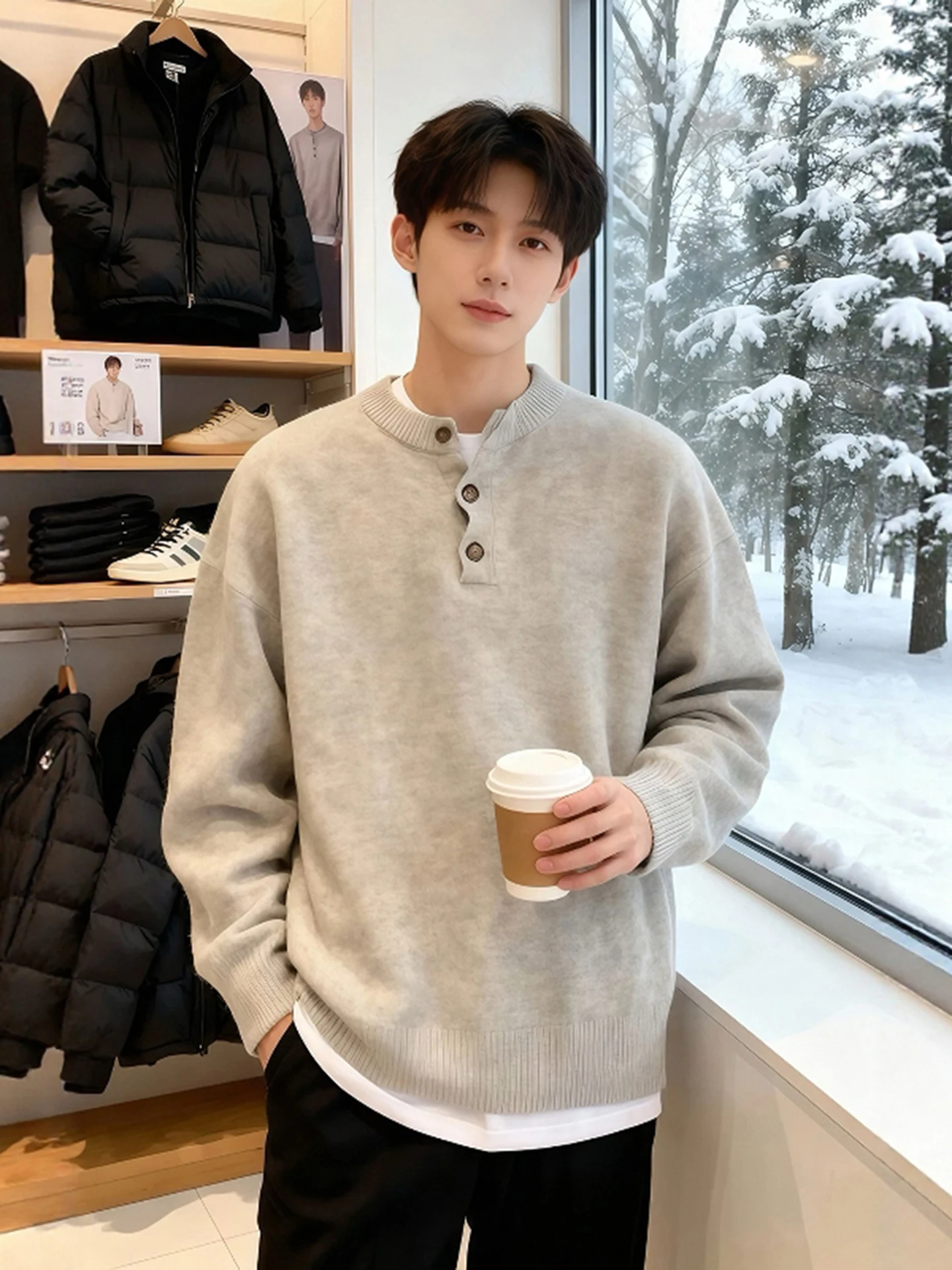 

Мужской вязаный свитер в американском ретро-стиле с воротником Хенли, утолщенный базовый слой, осенне-зимний, повседневный, мягкий, удобный трикотаж