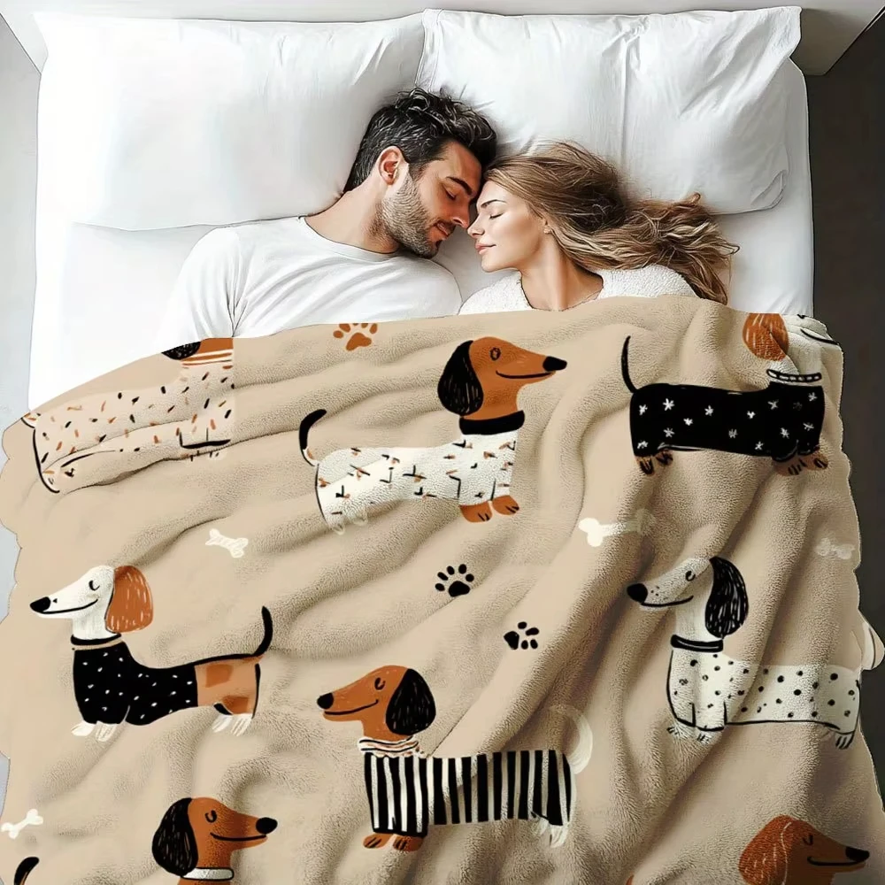 Dachshund Print Flannel Blanket Brown Black White Cozy Dog Pattern For Home Or Travel Year Round Use