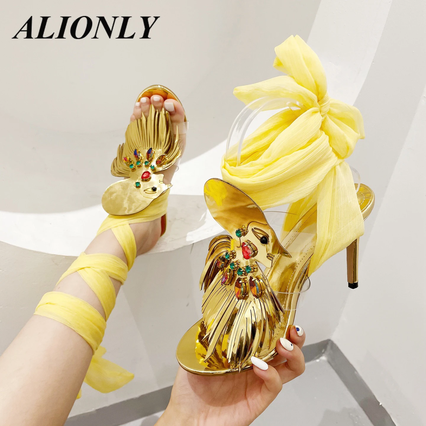 

Alionly Colored Diamond Strappy High-Heeled Sandals Hollow Cross-Lace Open-Toe 2023 Summer New Women's Shoes Chaussure Femme