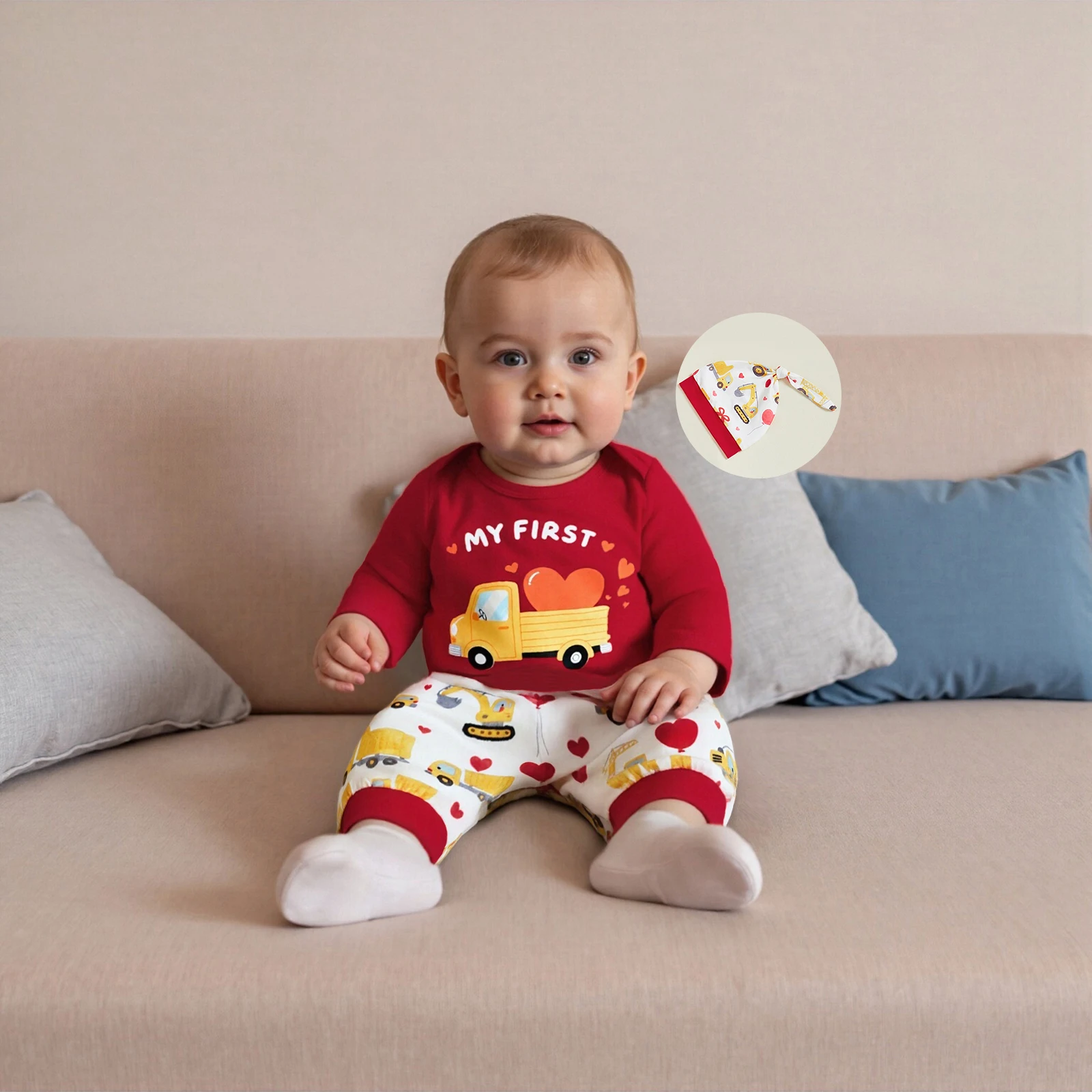 

Наряд на День Святого Валентина, одежда для малышей, комбинезон с длинными рукавами и буквенным принтом для мальчиков, штаны-экскаваторы и шапка, комплект из 3 предметов