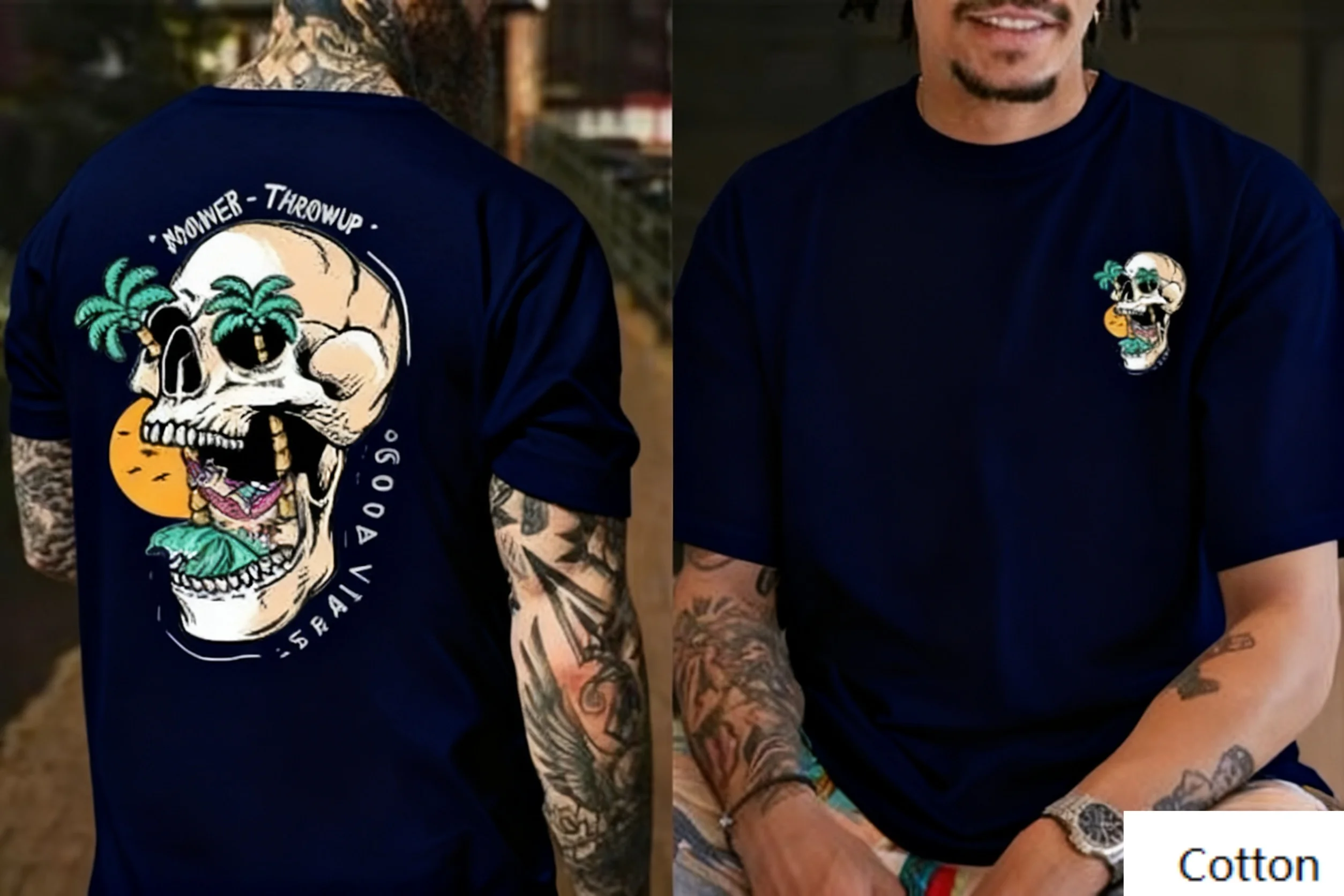 

Dark Tropical - Trendy Themed Crew Neck T - Shirt Showcasing A Distinctive Skull - Tropical Design Trendy Printed Brand