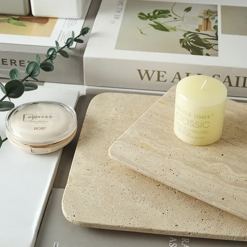 

Beige Travertine Plate for Pastry Cheese Dessert Coffee Natural Marble Tray for Bathroom Soap Bottles Makeup Towel