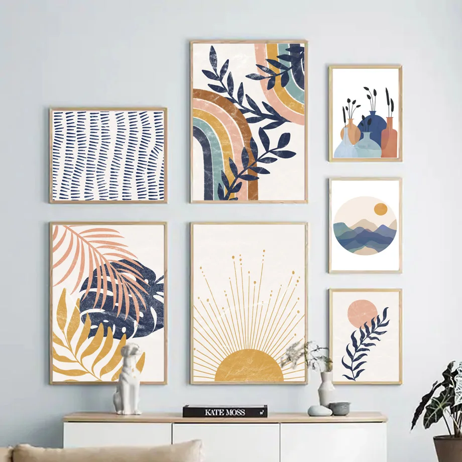 البوهيمي الشمس قوس قزح يترك خطوط مجردة الملصقات والمطبوعات الرسم على لوحات القماش الجدارية صورة غرفة نوم غرفة المعيشة معرض ديكور