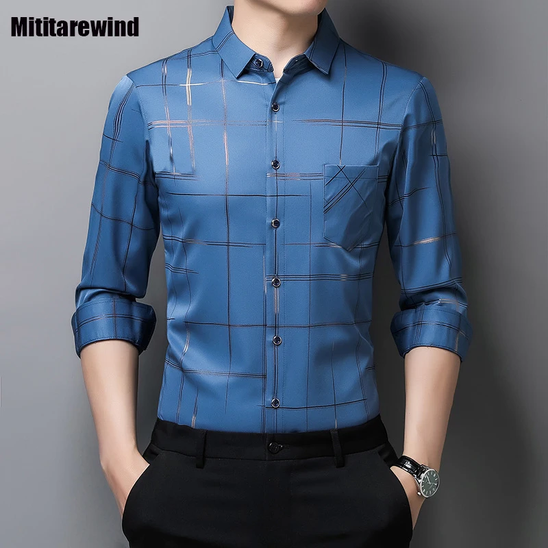 

New Mens Long Sleeve Shirts Spring Summer Office Causal Slim Shirt Lapel Striped Printed Shirt Middle-aged Men Fashion Clothing