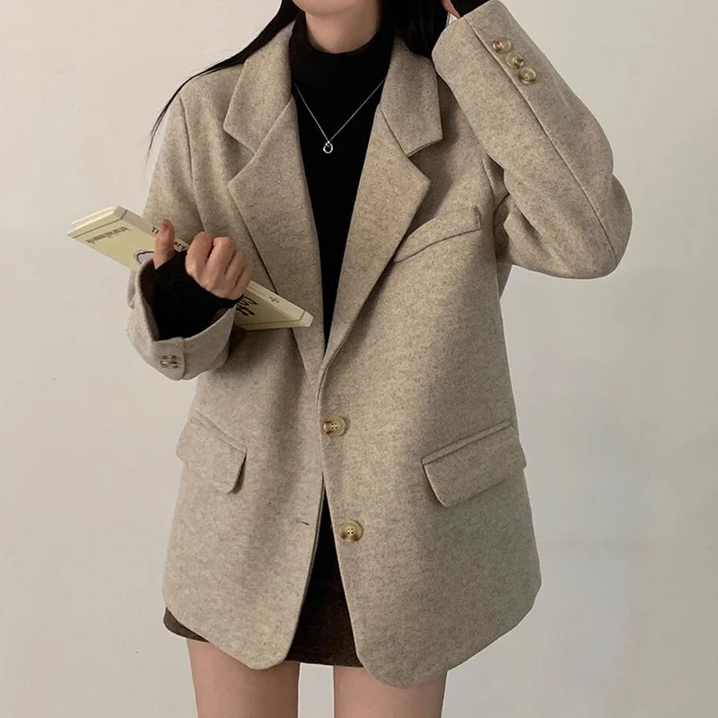 Classique Chic automne haut de gamme sentiments ample décontracté polyvalent Long manteau en laine pour les femmes trajet Sle bouton unique