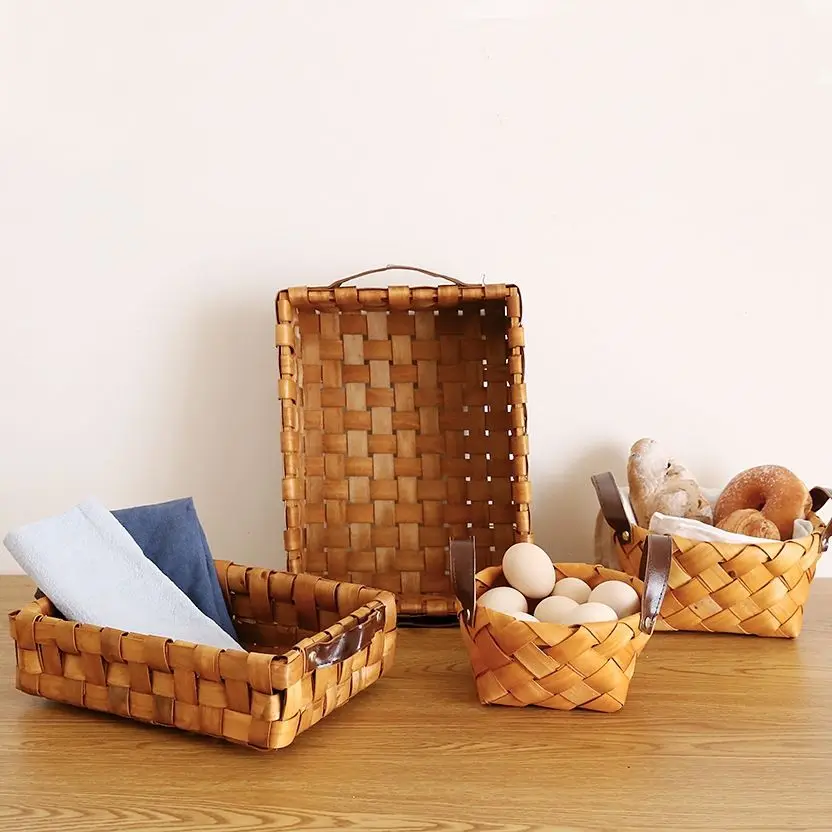 Storage Basket Manual Weave Wood Chips Bread Fruit Vegetable Basket Picnic Desktop Snacks Home Daily Pretty Simple