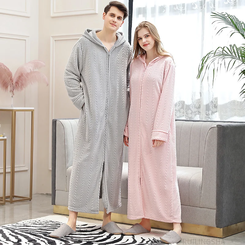 Women Winter Hooded Plus Size Long Warm Flannel Dressing Gown Pregnant Zipper Bathrobe Lovers Cozy Bath Robe Men Night Sleepwear