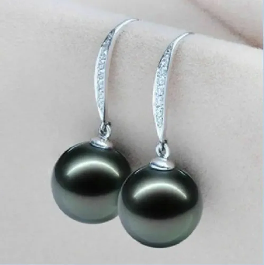 Amazing Perfect AAA 10-9mm 10-11mm 11-12mm Natural Tahitian Round Black Pearl Silver Pearl Earrings 925S