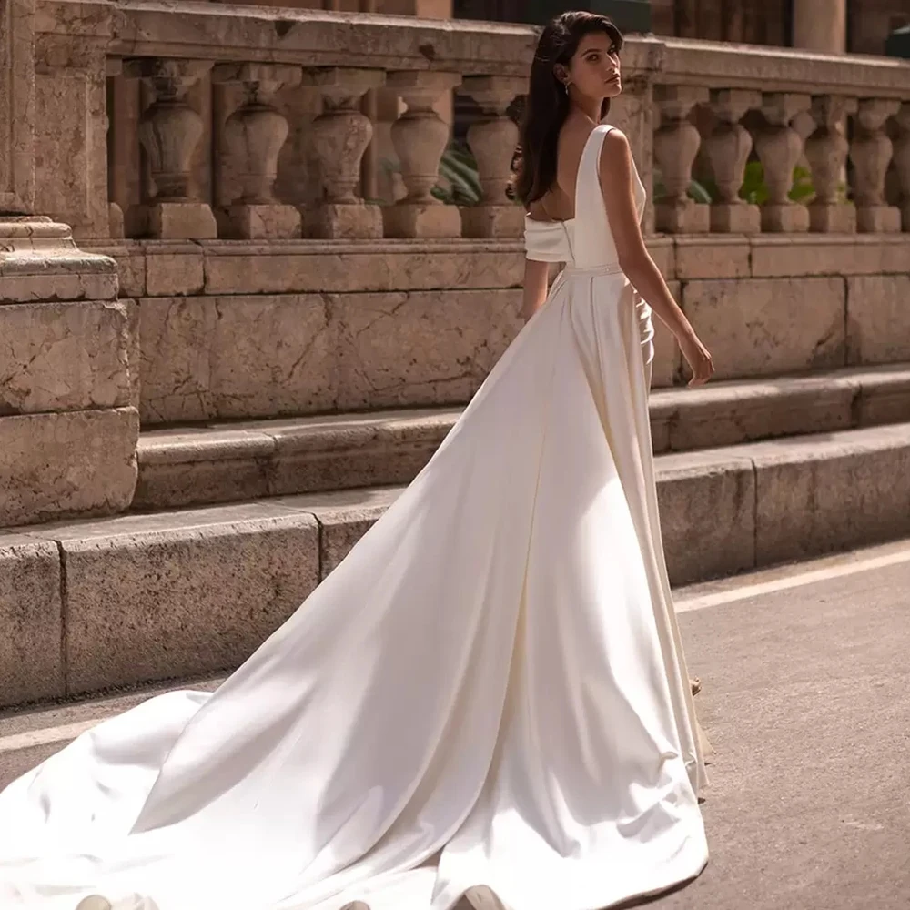 Vestidos de casamento gola V com trem varrida, vestido de noiva, fenda lateral, um ombro, babados, novo, verão, 2022