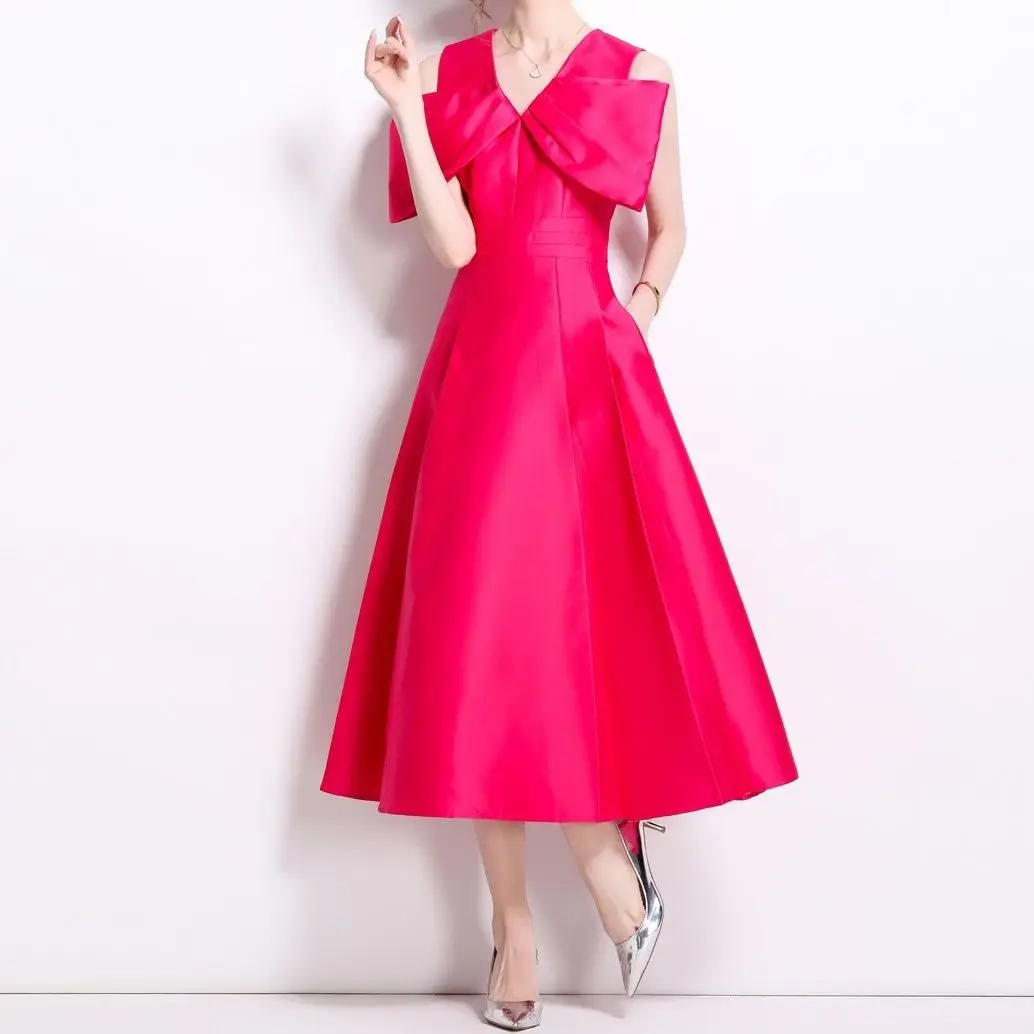 

Rose Red 3D Large Bow Party Wedding Dresses Women Short Sleeved V Neck Evening Dress Summer Slim Zipper Knee Length Prom Dress