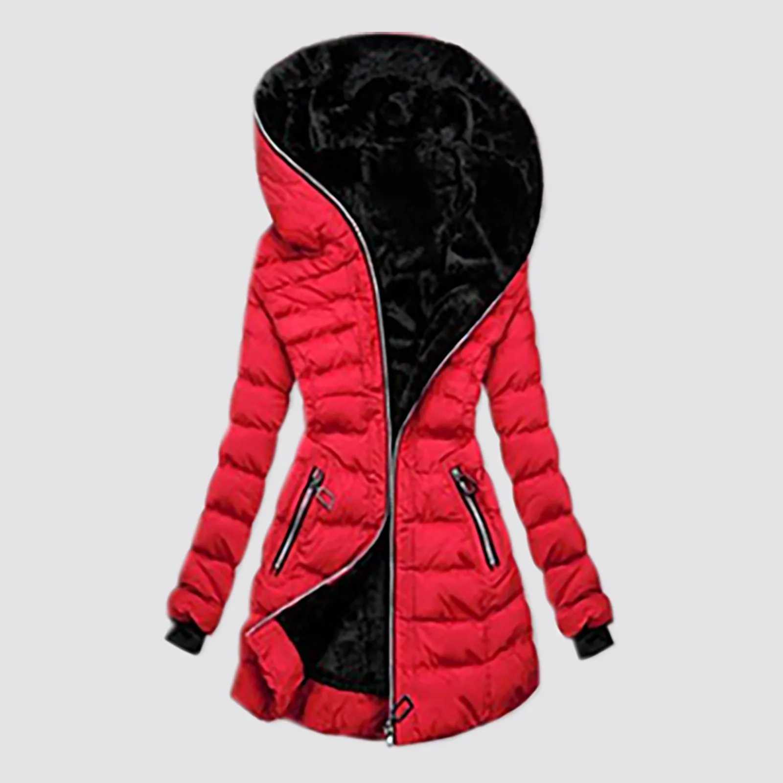 Solid Color Hooded Elastic Cuff Winter Jacket Zipper Closure Women Overcoat Wear-resistant Hooded Quilted Women Overcoat