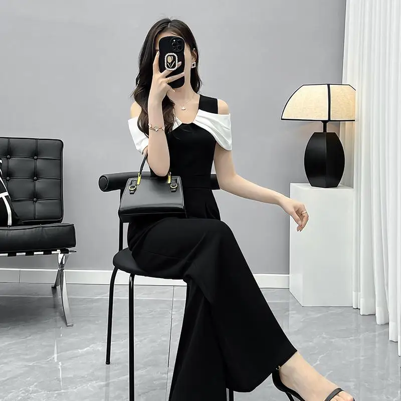 

Casual Wide Leg Off Shoulder V Neck Color Block Jumpsuit Dress Women Black