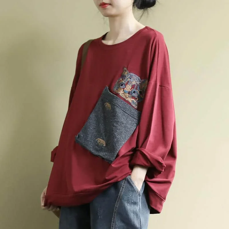 Pop Pop Literary T-shirts For Women Embroidery Design Solid Tee Oversized Casual Korean Style Long Sleeve O-neck Aesthetic Cloth