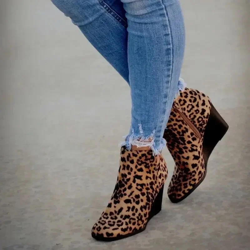 2022 Autumn New Chelsea Boots Retro Wedges Platform Leopard Female Shoes Ladies Side Zipper High Heels Ankle Boots Botas Mujer