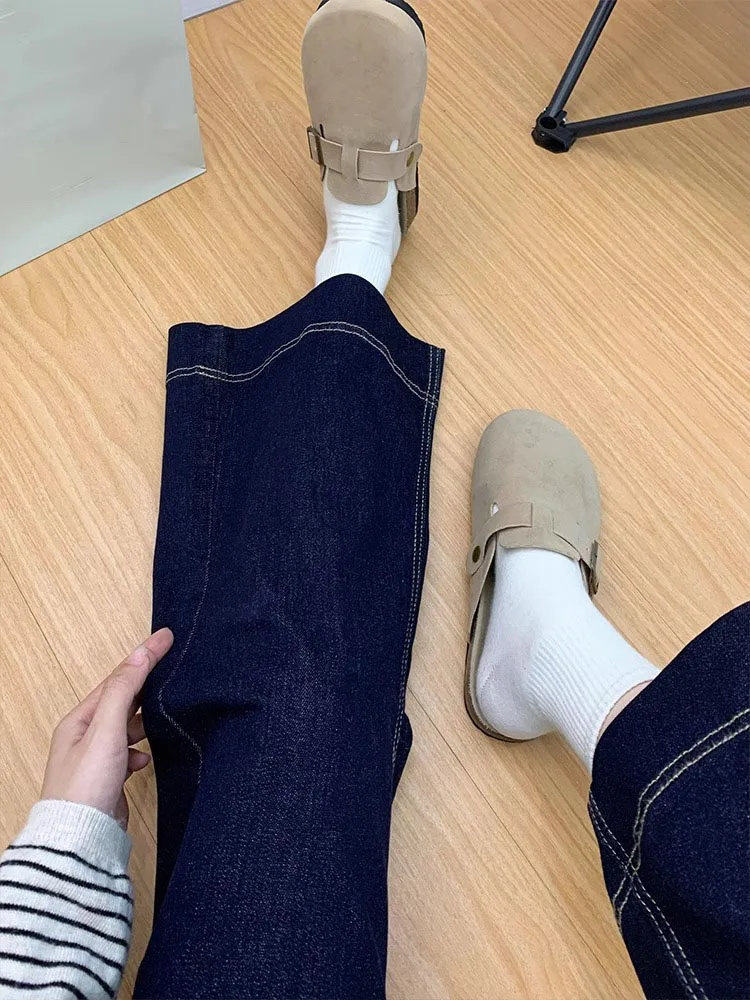 جينز نسائي فضفاض أزرق عميق بأرجل واسعة بنطلون مستقيم عالي الخصر مناسب لجسم الكمثرى مقاس كبير خريف جديد Sle #2