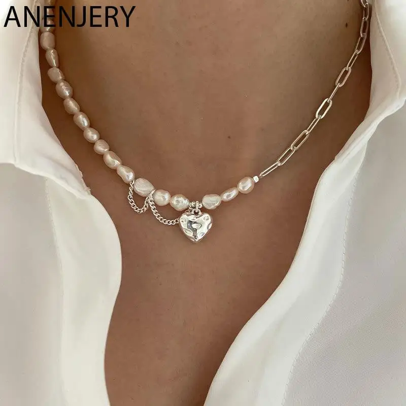 ANENJERY Silver Color Irregular Pearl Love Heart Asymmetric Necklace For Women Temperament Jewelry Gifts