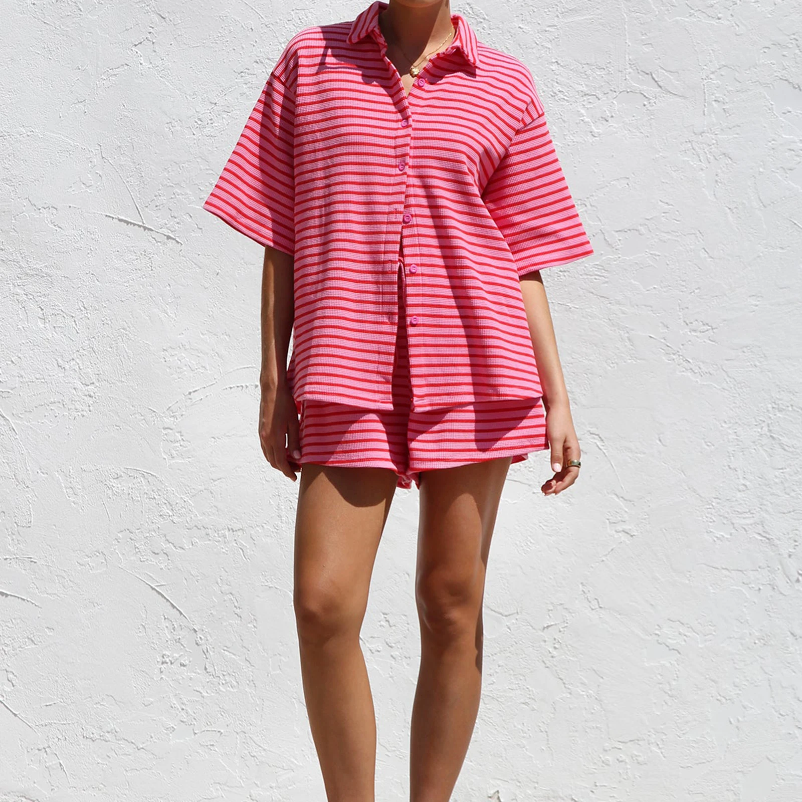 

New Fashion Womens 2 Piece Casual Outfits Short Sleeve Lapel Button Up Striped Tops Shorts Sets Hot Sale S-XL
