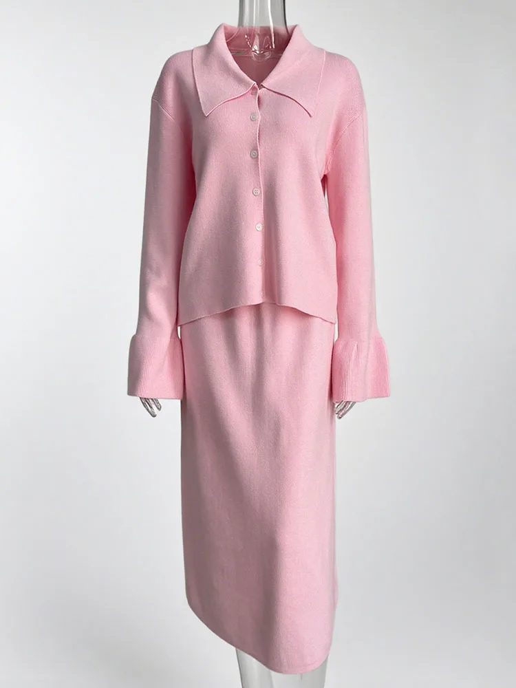 

Модный однотонный свитер, костюм, элегантный воротник с лацканами, пуговицы, пальто и длинная юбка, комплект женской повседневной трикотажной одежды с длинными рукавами