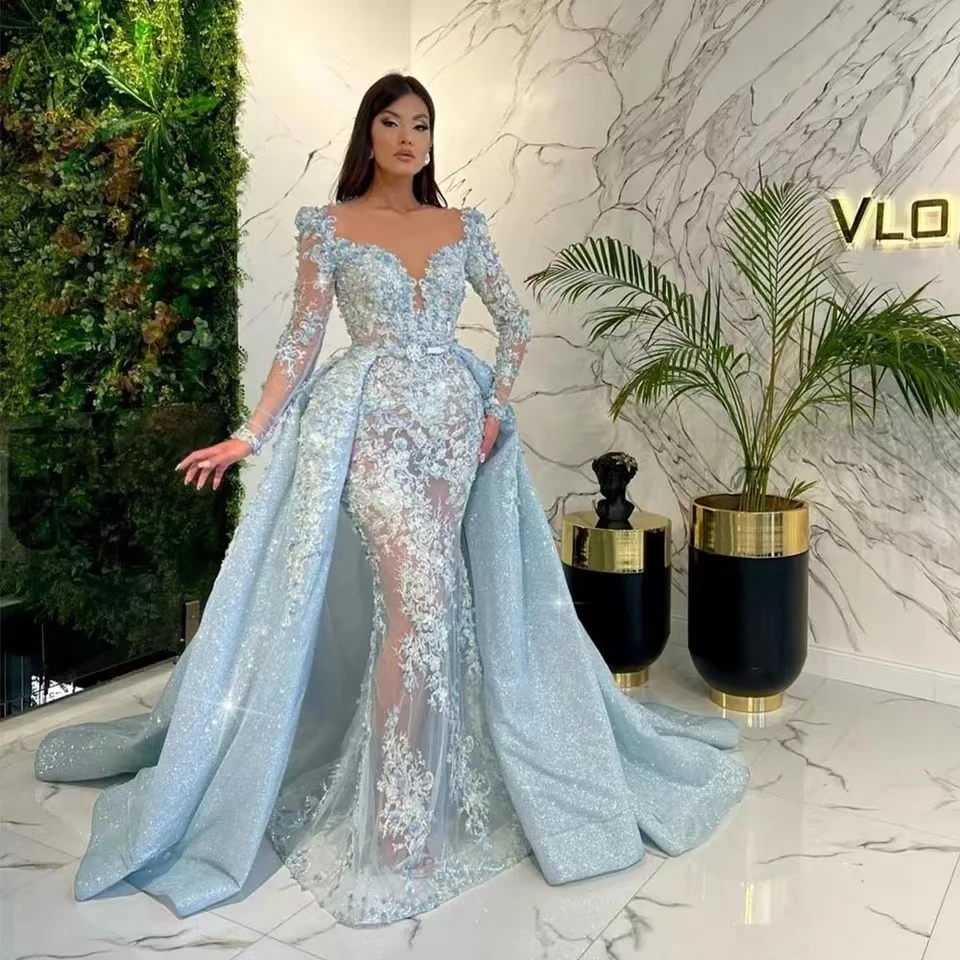 Luxury Lace Appliques 3D Flowers Mermaid Prom Evening Dresses With Detachable Train Long Sleeves Customized Wedding Party Gown