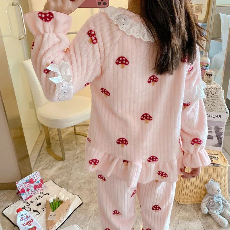 Princess Style Print Warm Pajamas Winter Lace Lapel Collar Long-Sleeved Pullover Top With Pants Two-piece Women Home Sleepwear