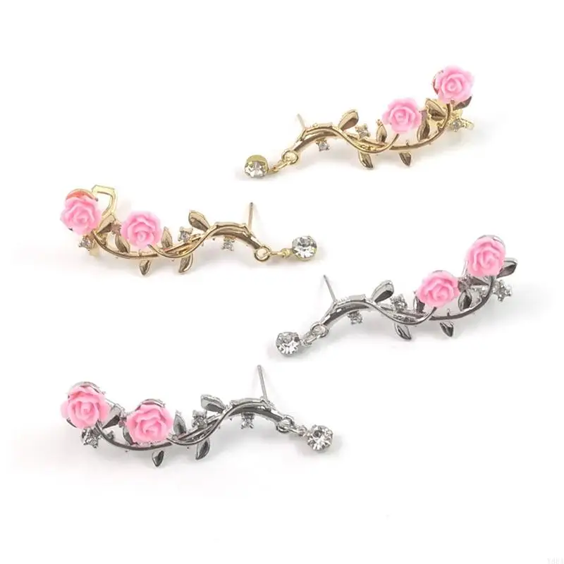 Y88A Vintage Rose Flower Cuff Earrings Trendy Rose Flower Climber Crawler Earrings Sparkly Metal Leaf Ear Cuff for Women Girl