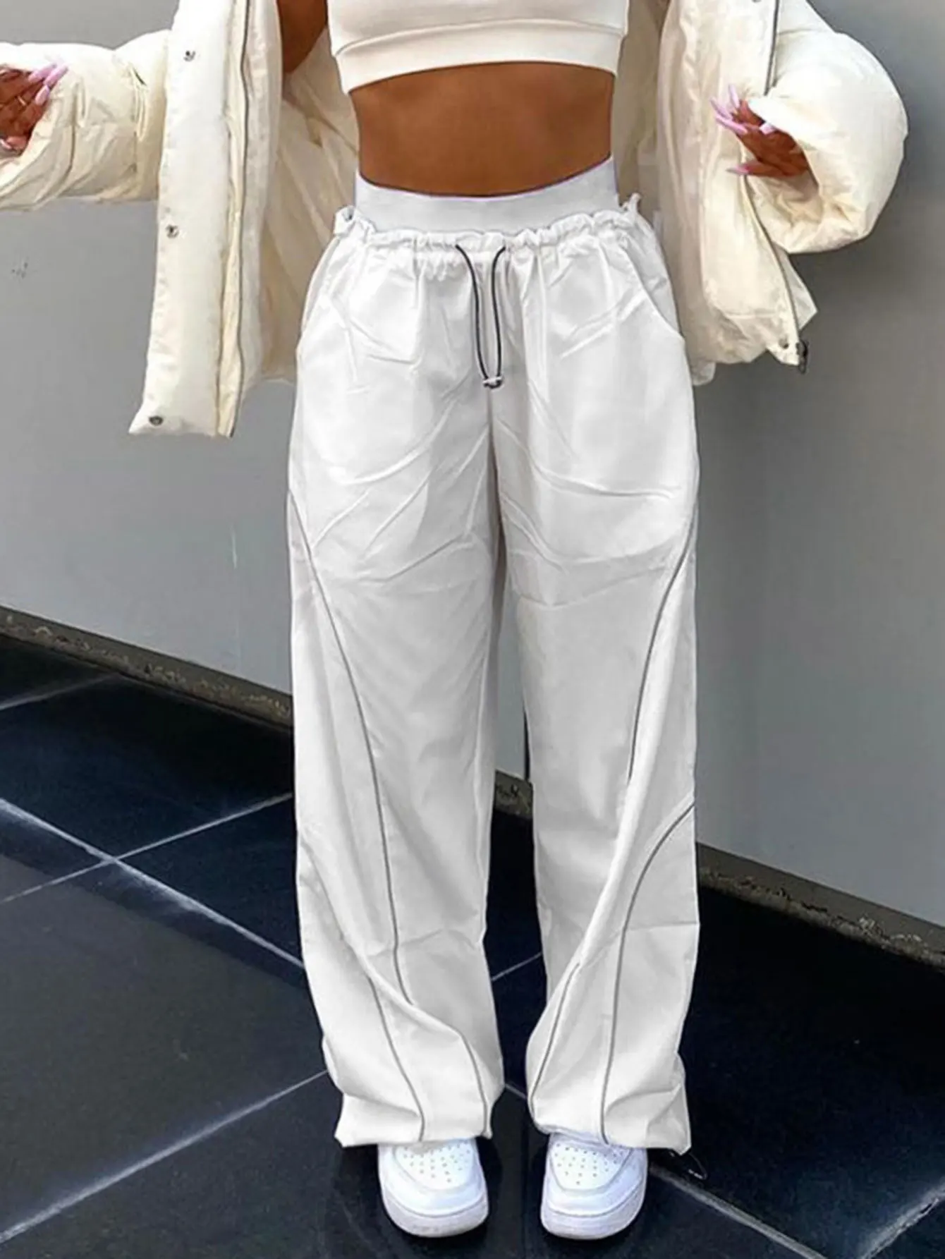 بنطال كاجوال مستقيم الساق بطول كامل يناسب منتصف الخصر ملابس سفلية نسائية مريحة فضفاضة بنطلون عصري كاجوال