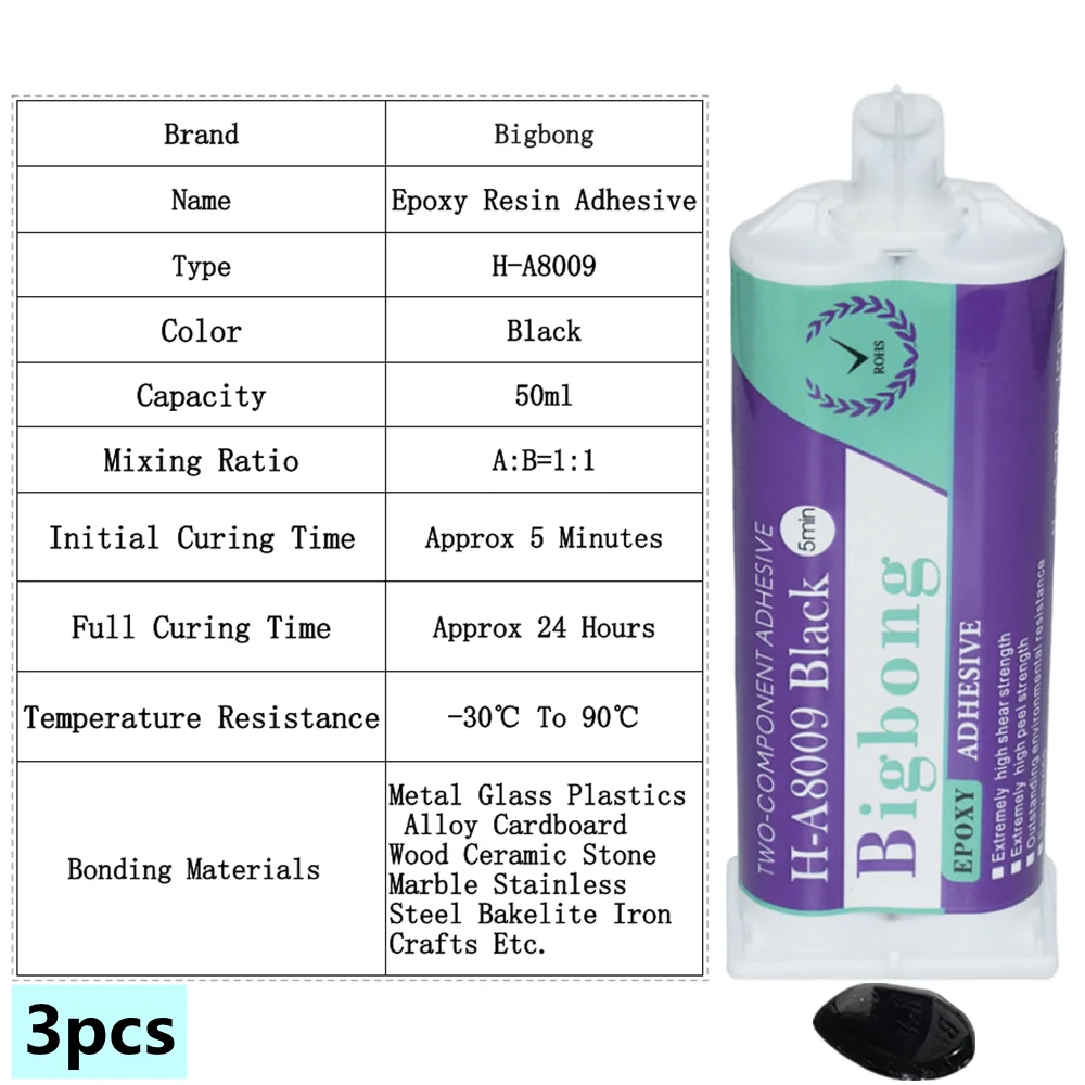 3 Stück Epoxidharz Schwarzer Dichtstoff-Klebstoff Zweikomponenten-Super-AB-Kleber 50ml 1:1 Strukturklebstoff 5 Minuten Bigbong Starker Epoxidkleber – Detail 1