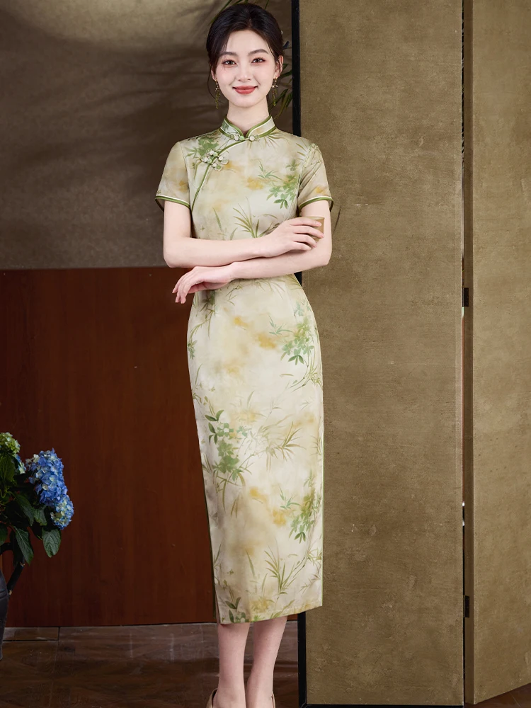 

Новое китайское длинное цветочное ципао с бамбуковым узором, дышащее, летнее, модное, элегантное, традиционное женское платье