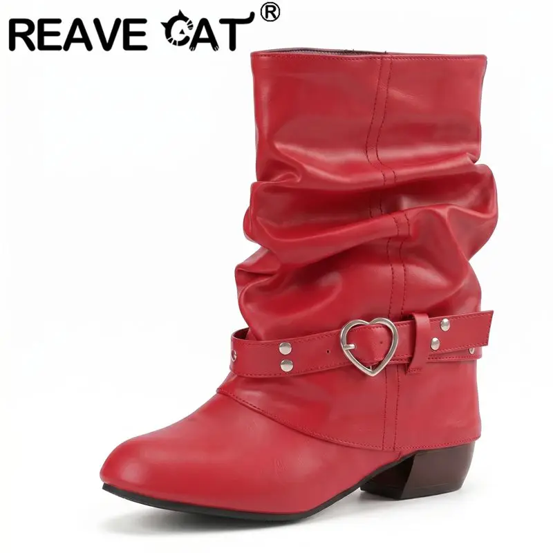 REAVE CAT Red Women's Mid Calf Boots Round Toe 3cm Thick Heel Slip On Belt Buckle Pleated Large Size 48 49 50 Casual Daily Botas