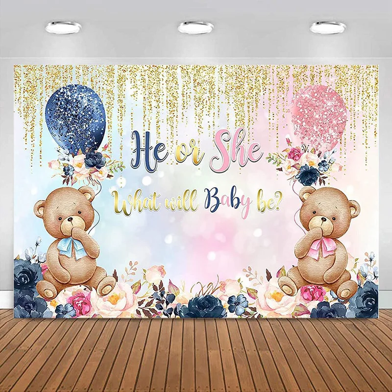 

Bear Gender Reveal Backdrop He or She Navy and Blush Floral Party Photography Background Boy or Girl Party Decorations Banner