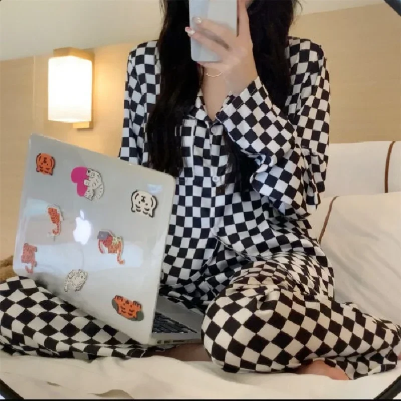 2023 Checked Pajamas trouser suits Korean Style Sleepwear Long Sleeve Cardigan for Women Pyjamas Femme Home and Sleep Clothes