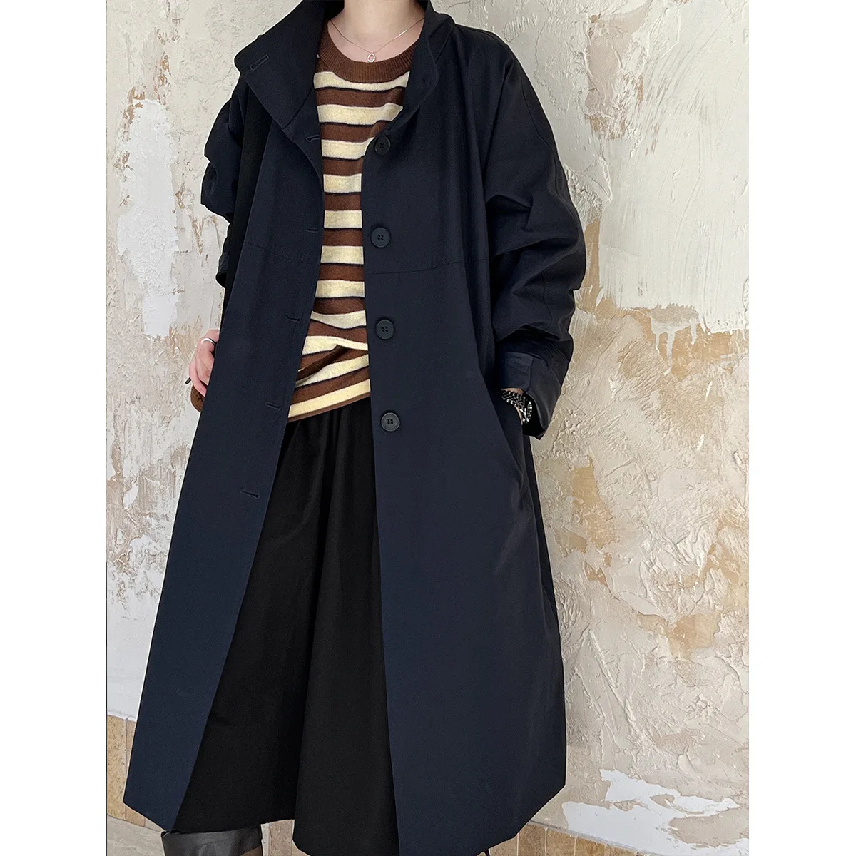 SuperAen 2024 Autumn and Winter New Design Style Stand Collar Loose Fashion Long Windbreaker Coat