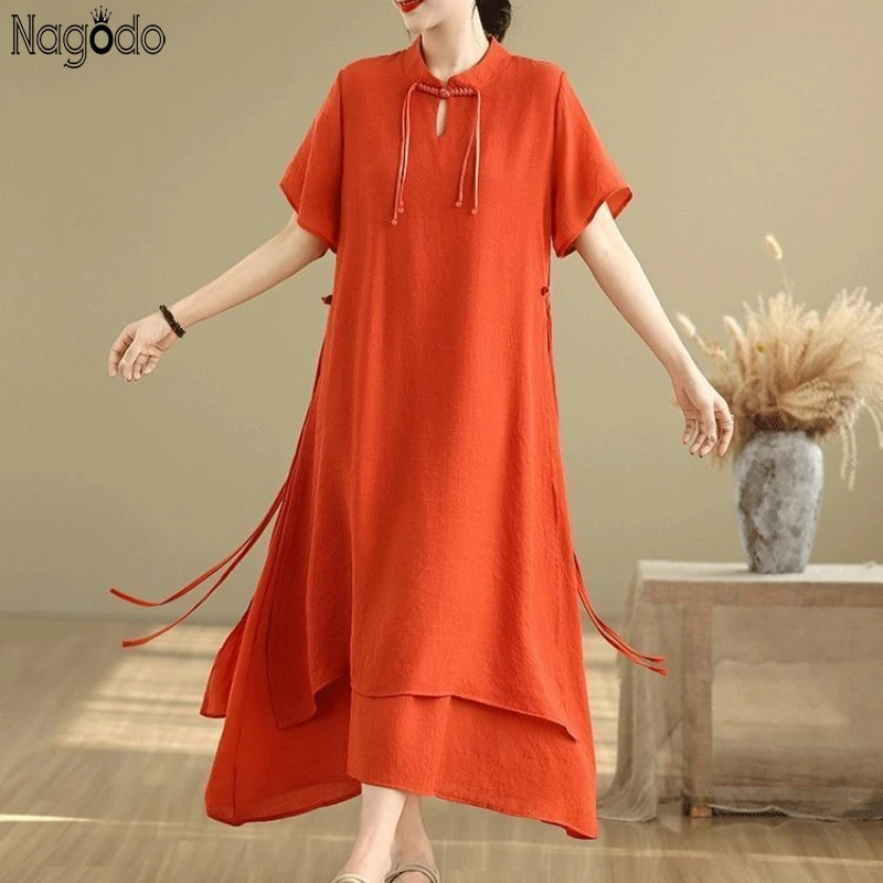 Vestido longo feminino retrô de linho e algodão, gola dupla camada, manga curta, estilo chinês, linha a, vestidos brancos de verão