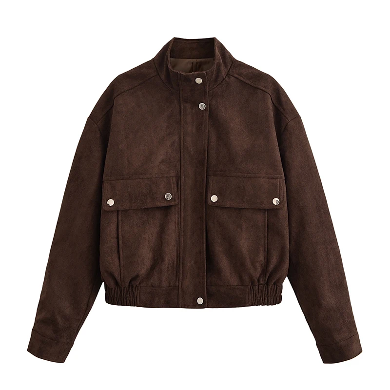 YENKYE Faux Suède Bomberjack Voor Vrouwen Lange Mouw Hoge Hals Met Zakken Jas Herfst Winter Warme Korte Outfits