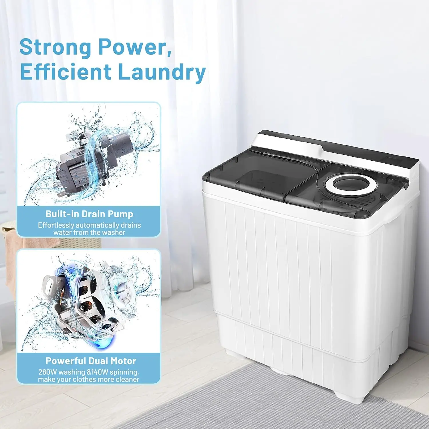 Washing Machine Semi-automatic Twin Tub Washer with Spin Dryer 26lbs Capacity Built-in Drain Pump Portable Laundry Washer