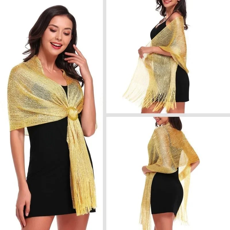 

Sparkling Metallic Scarf with Buckle Women's Evening Party Shawl Gold Silver Shiny Shawls for Bridal Bridesmaid Wedding Wraps