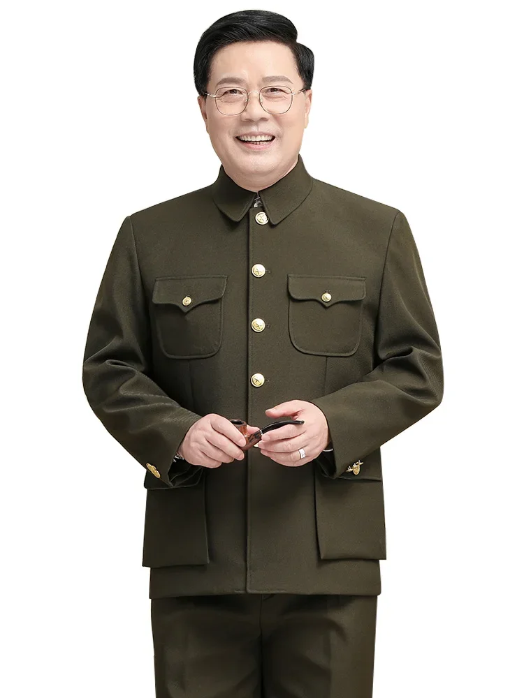 Army Green Zhongshan Suit Men Set Coat + Pants Middle Age Classic Military Clothing Spring Autumn Winter Veteran Cadre Garment