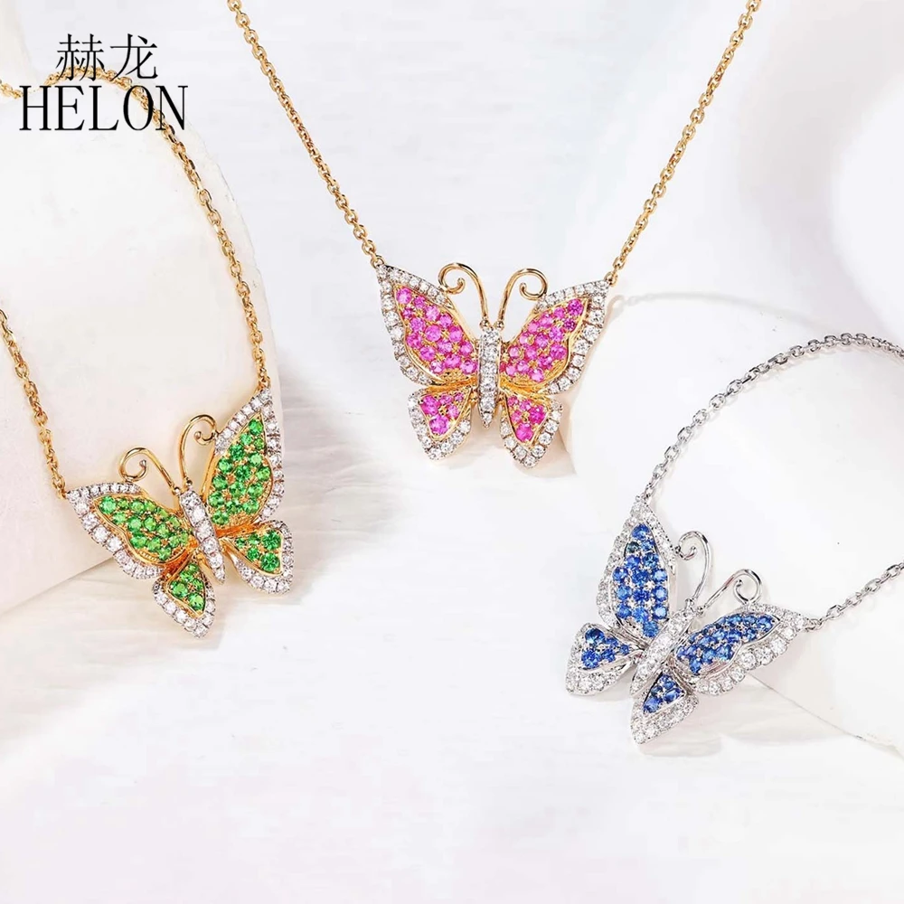 

HELON Solid 18K Yellow Gold Sapphire/Tsavorite/Pink Sapphire Necklaces For Women Gemstone Pendant Necklaces insect style Jewelry