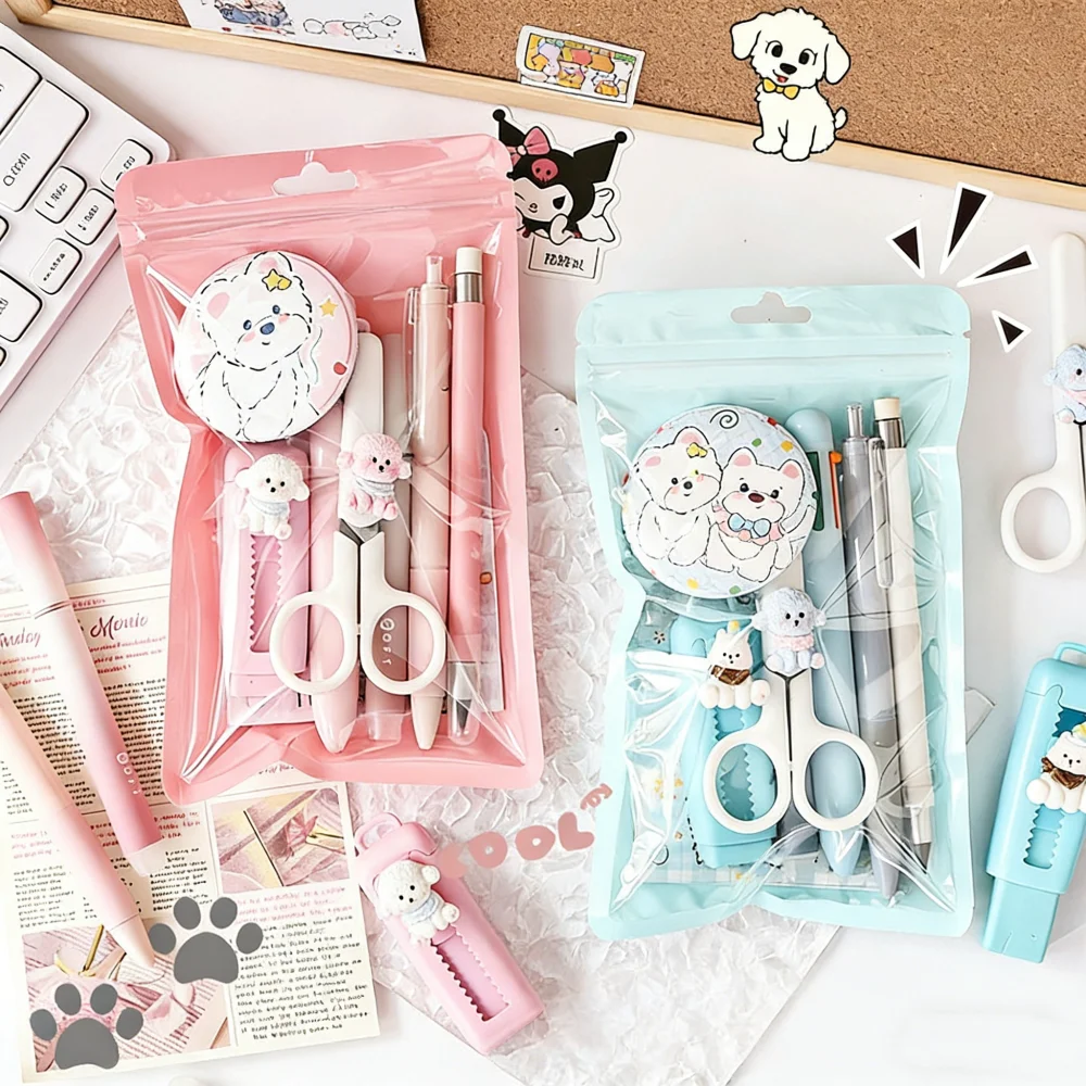 8Pcs Kawaii Puppy Stationery Set Gel Pen Pencil Multicolored Pen Scissors Highlighter Eraser Notebook Set Back To School Supply